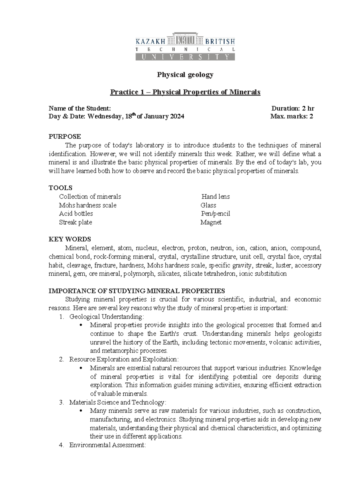 Lab 1 Introduction to Minerals - Physical geology Practice 1 – Physical ...