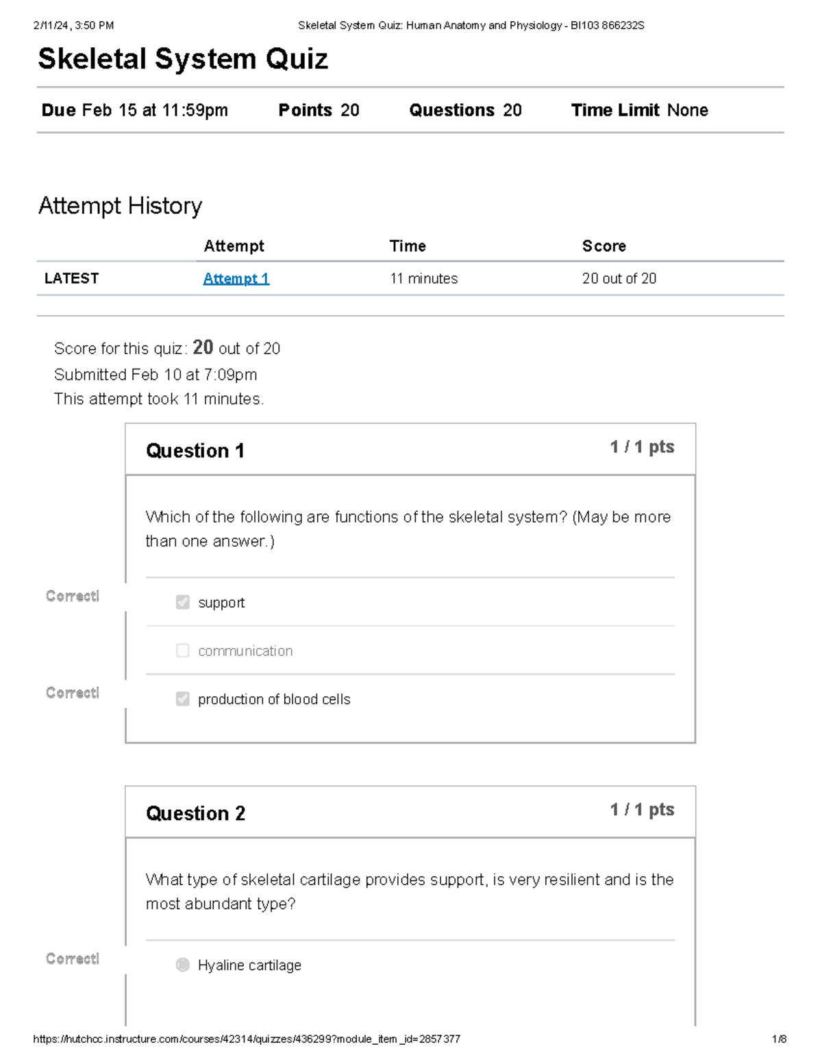 Skeletal System Quiz Human Anatomy and Physiology - BI103 866232 S ...