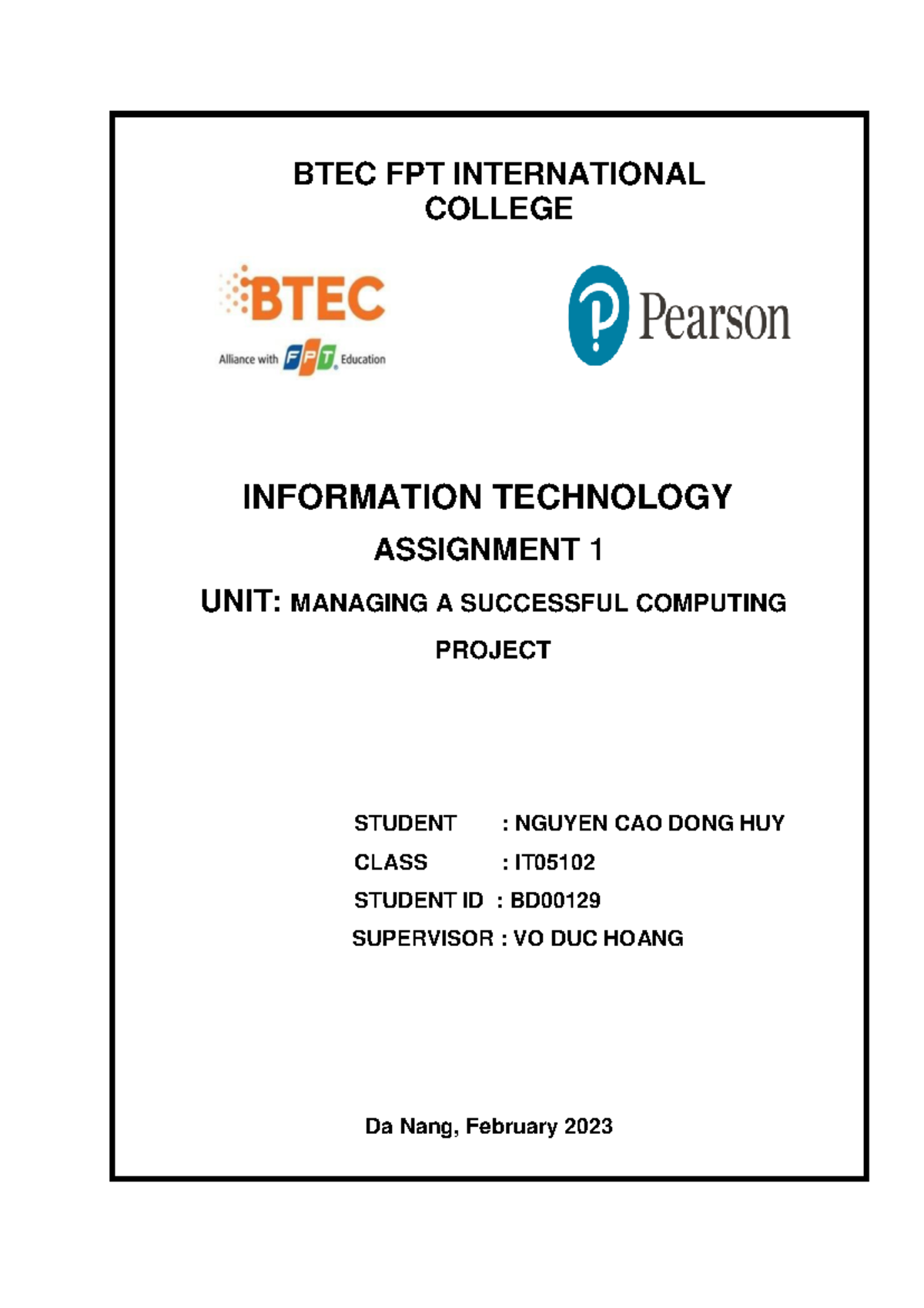 1625IT05102 Huyncdbd 00129 ASM1 - BTEC FPT INTERNATIONAL COLLEGE ...