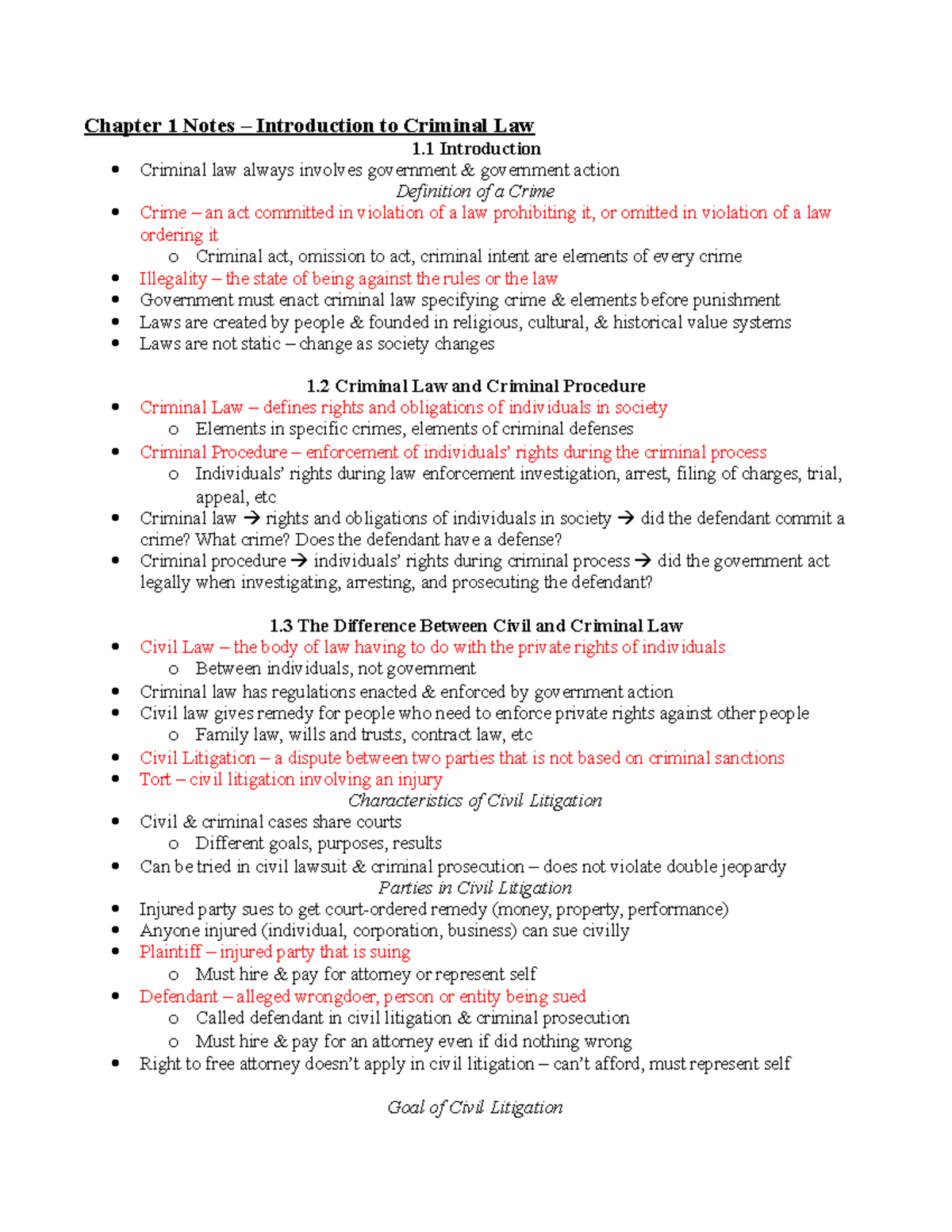 Chapter 1 Notes - Introduction to Criminal Law - incarceration, house ...