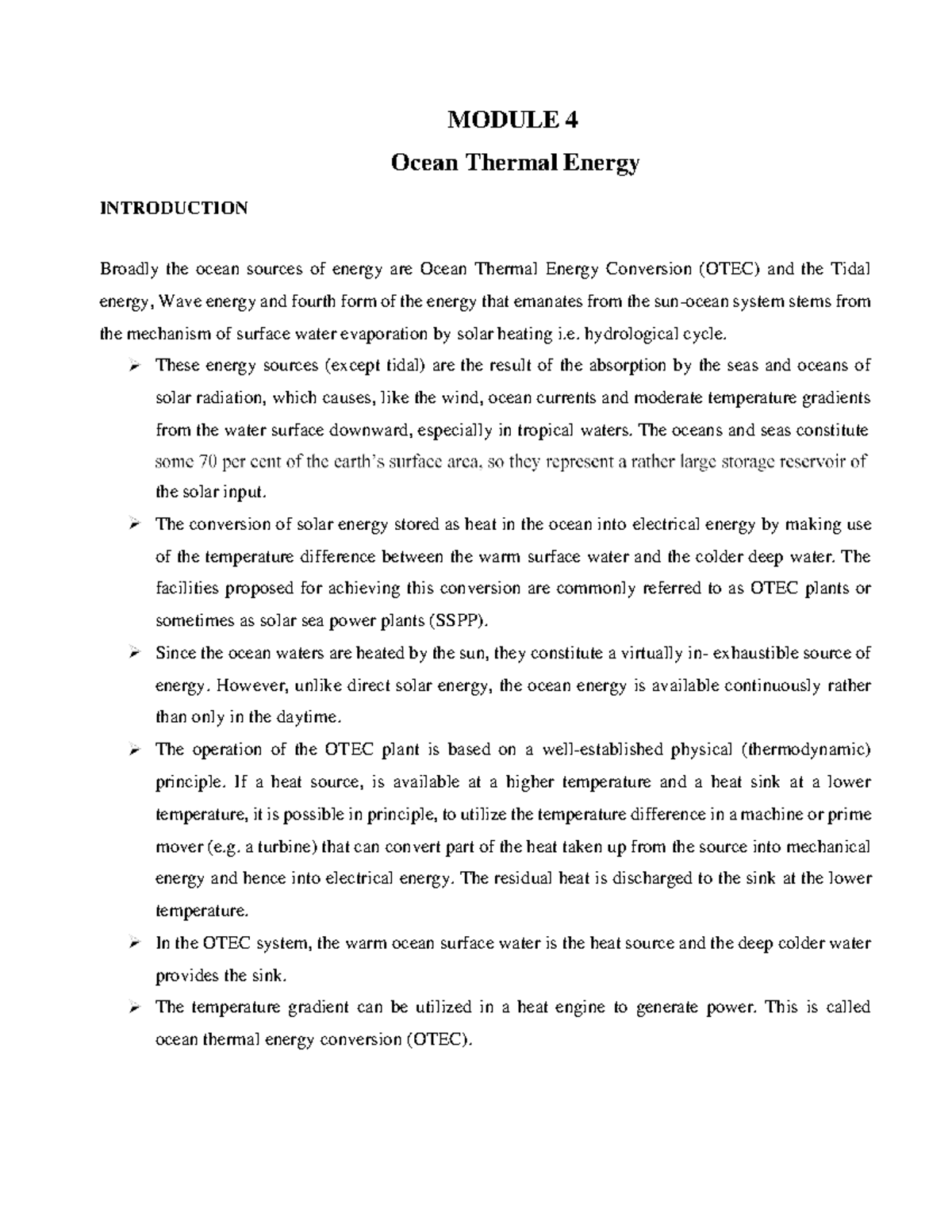 Module 4 OTCE - INTRODUCTION MODULE 4 Ocean Thermal Energy Broadly the ...