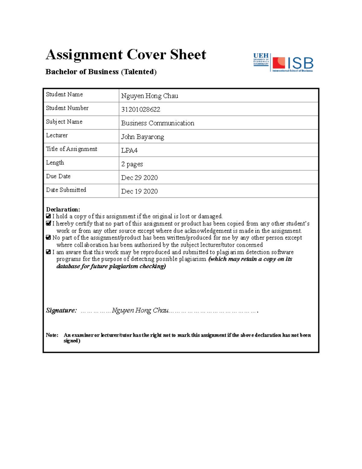 LPA4 312010 28622 Nguyen Hong Chau BC2 - Assignment Cover Sheet ...