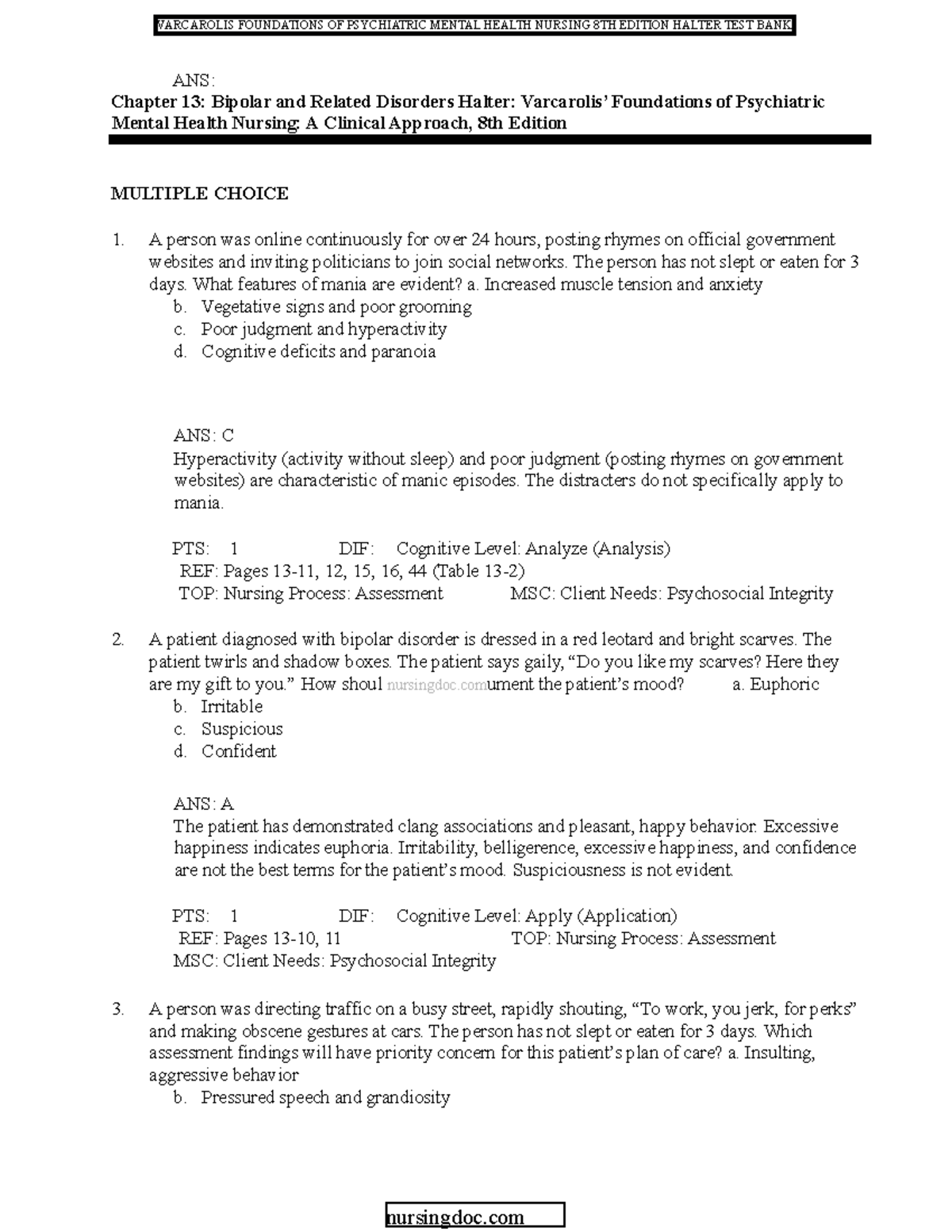 Mental Health EXAM PRE exam ANS Chapter 13 Bipolar and Related