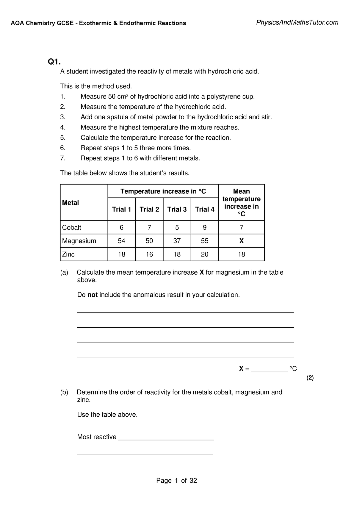 aqa gcse 5.1 Exothermic & Endothermic Reactions QP - Q1. A student ...