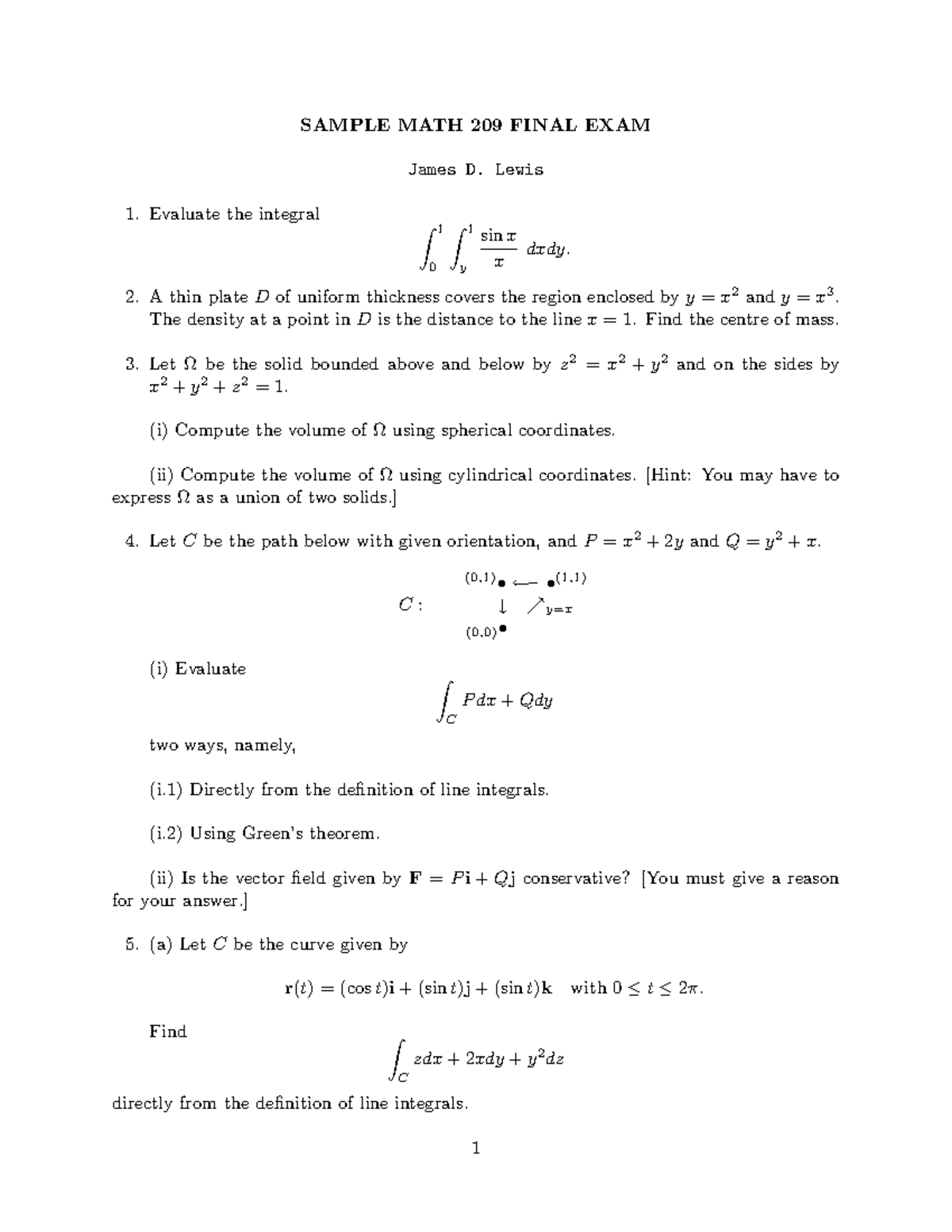 MATH 209 Sample Final Exam For The Year 2021 And 2022 - SAMPLE MATH 209 ...