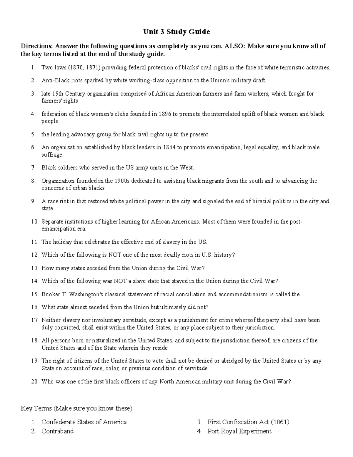 Unit 3 Study Guide - Unit 3 Study Guide Directions: Answer the ...