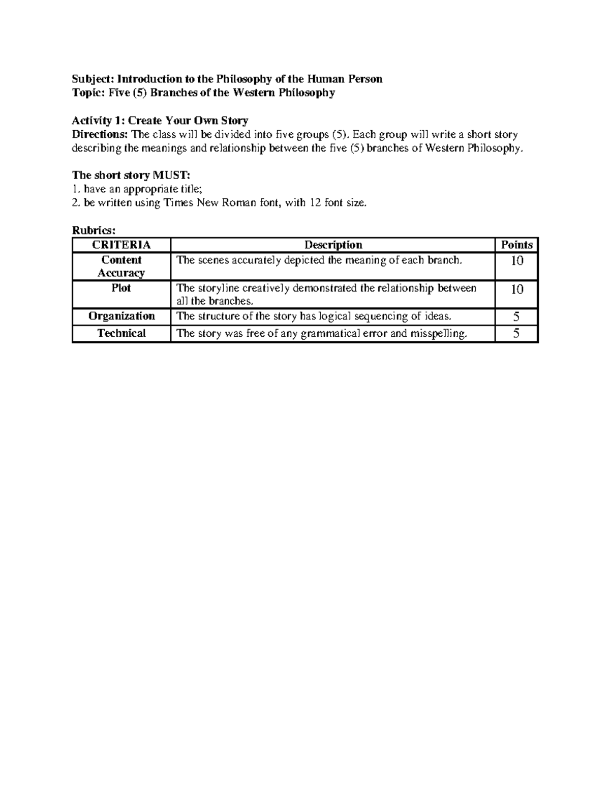 Activity 1 Create Your Own Story - Subject: Introduction to the ...