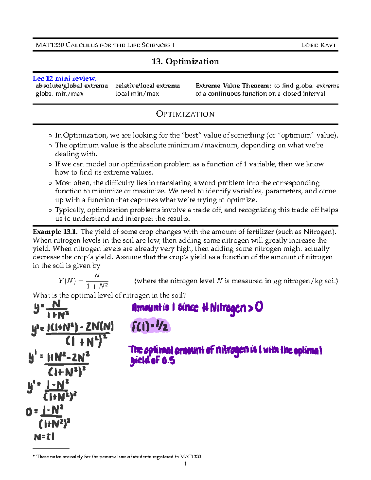 Lecture 13 - Optimization (Lord Kavi's Class). These notes focus on ...