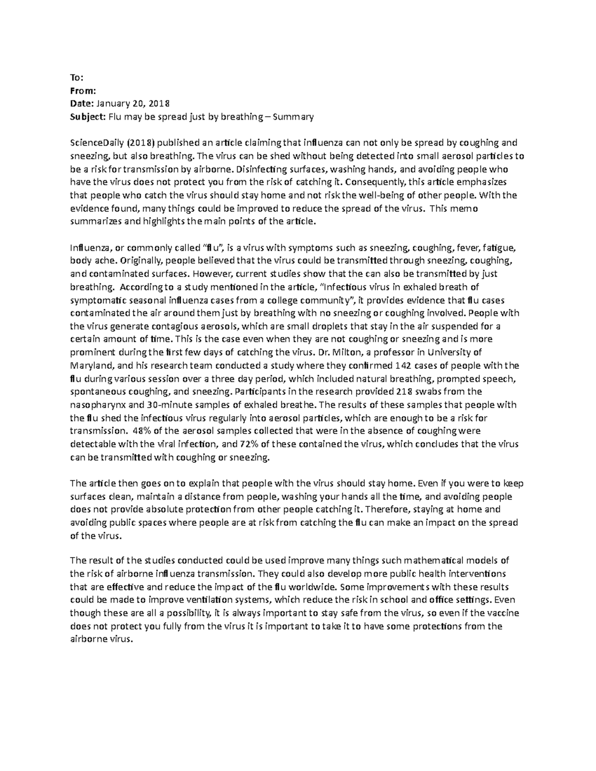 Project 1A - To: From: Date: January 20, 2018 Subject: Flu may be ...