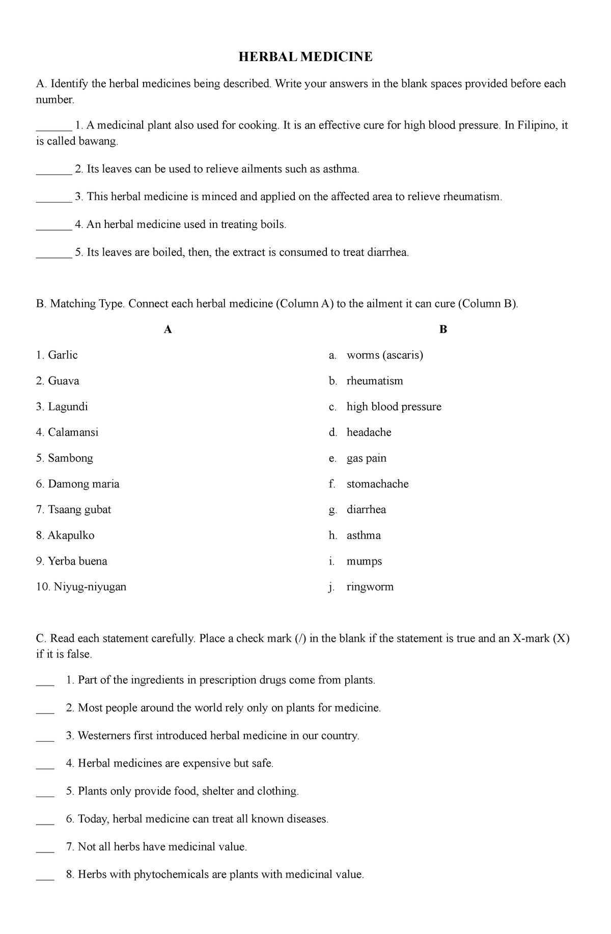 Herbal Medicine - test paper - HERBAL MEDICINE A. Identify the herbal ...