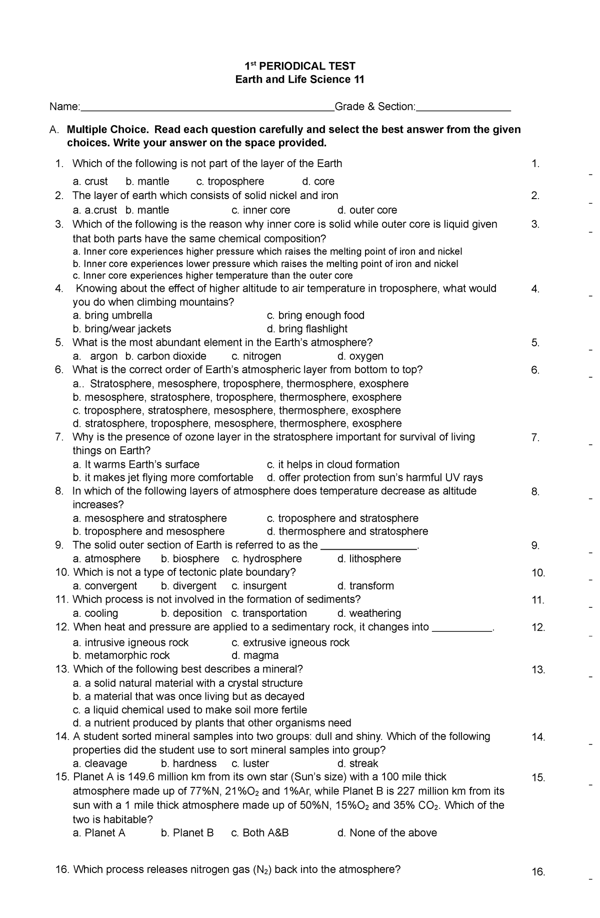 1 periodical test earth and life science 11 - 1 st PERIODICAL TEST ...