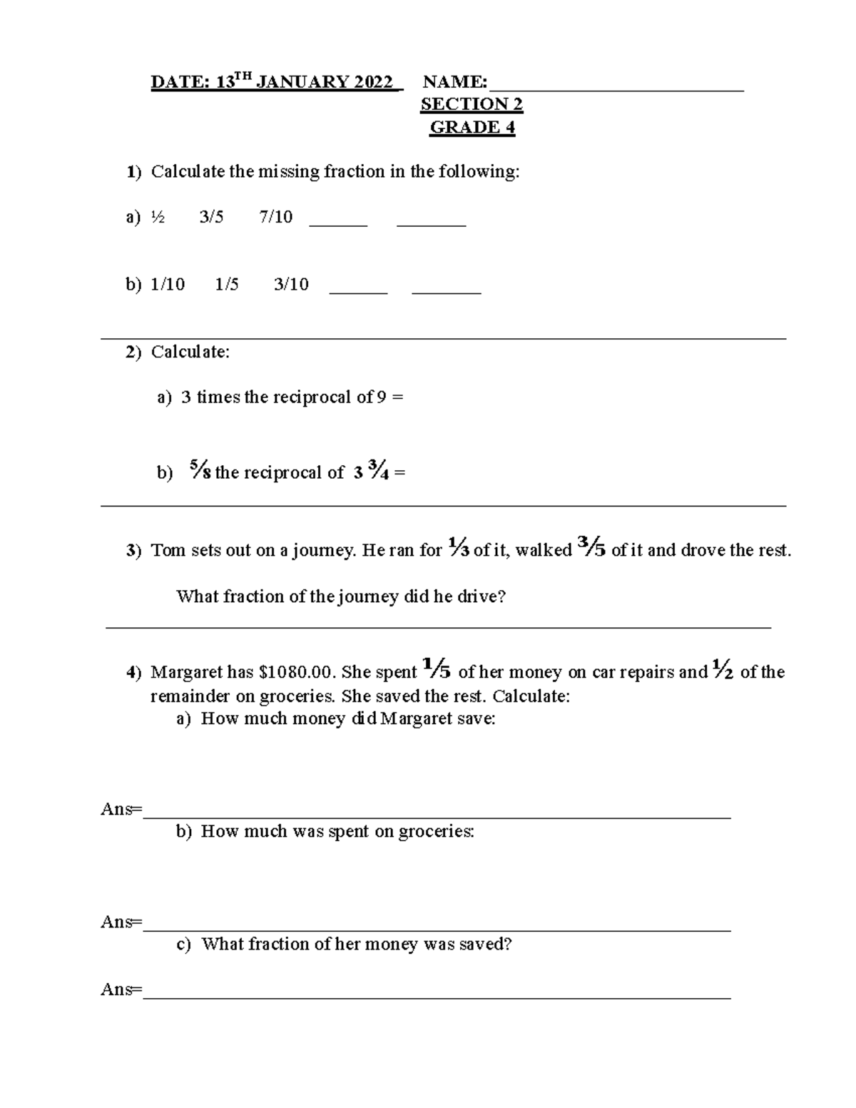 MATH Revision TEST - Fractions 13 - DATE: 13 TH JANUARY 2022 NAME