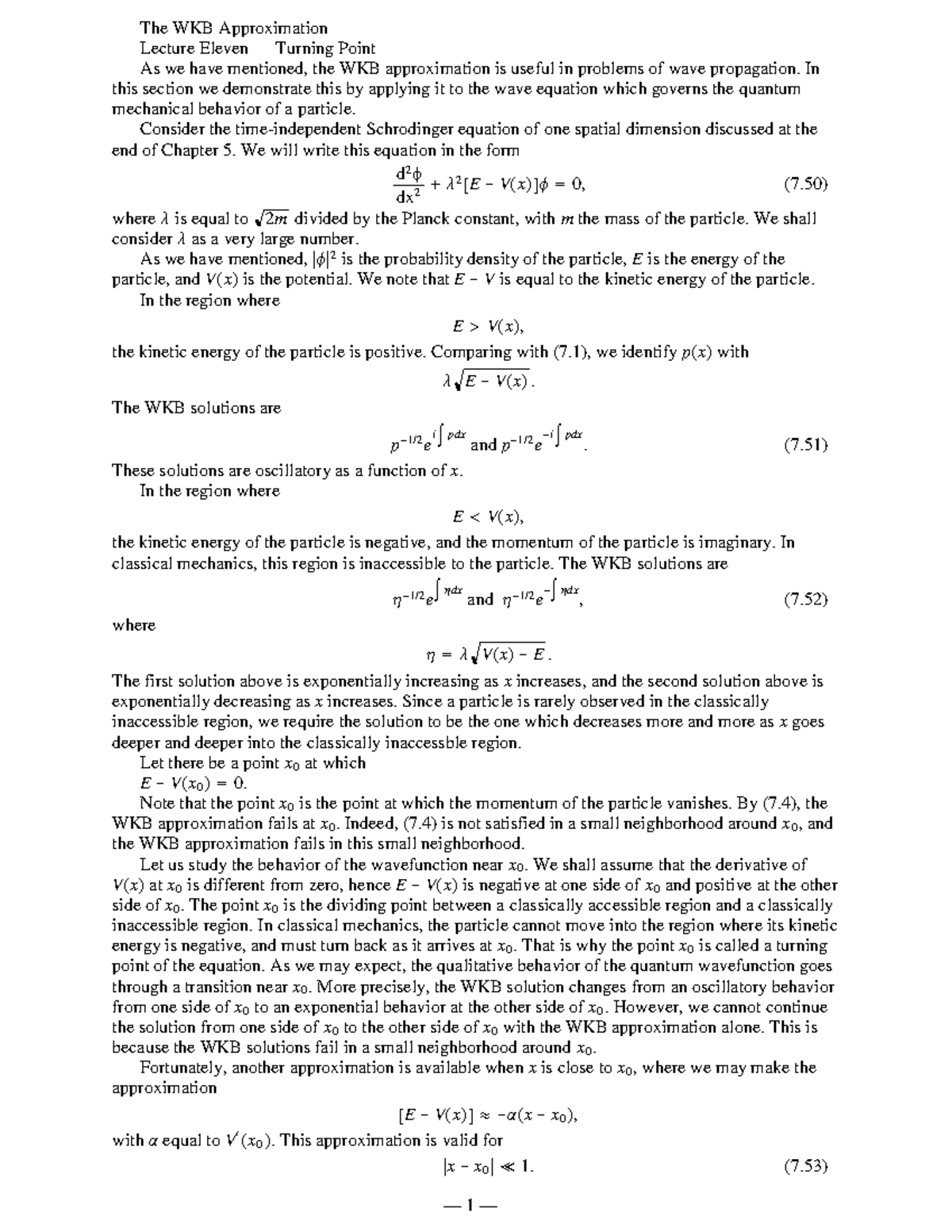 Turning Point - Lecture notes 1-2 - The WKB Approximation Lecture ...