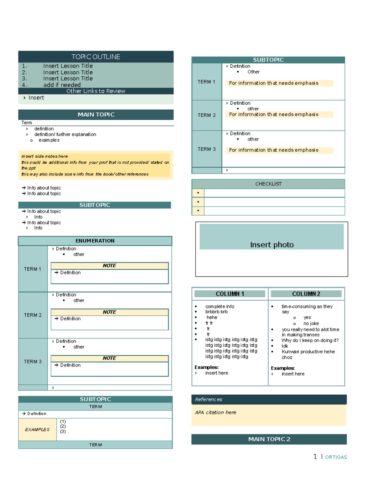 Transes notes template - ORTIGAS ORTIGAS TOPIC OUTLINE 1. Insert Lesson ...