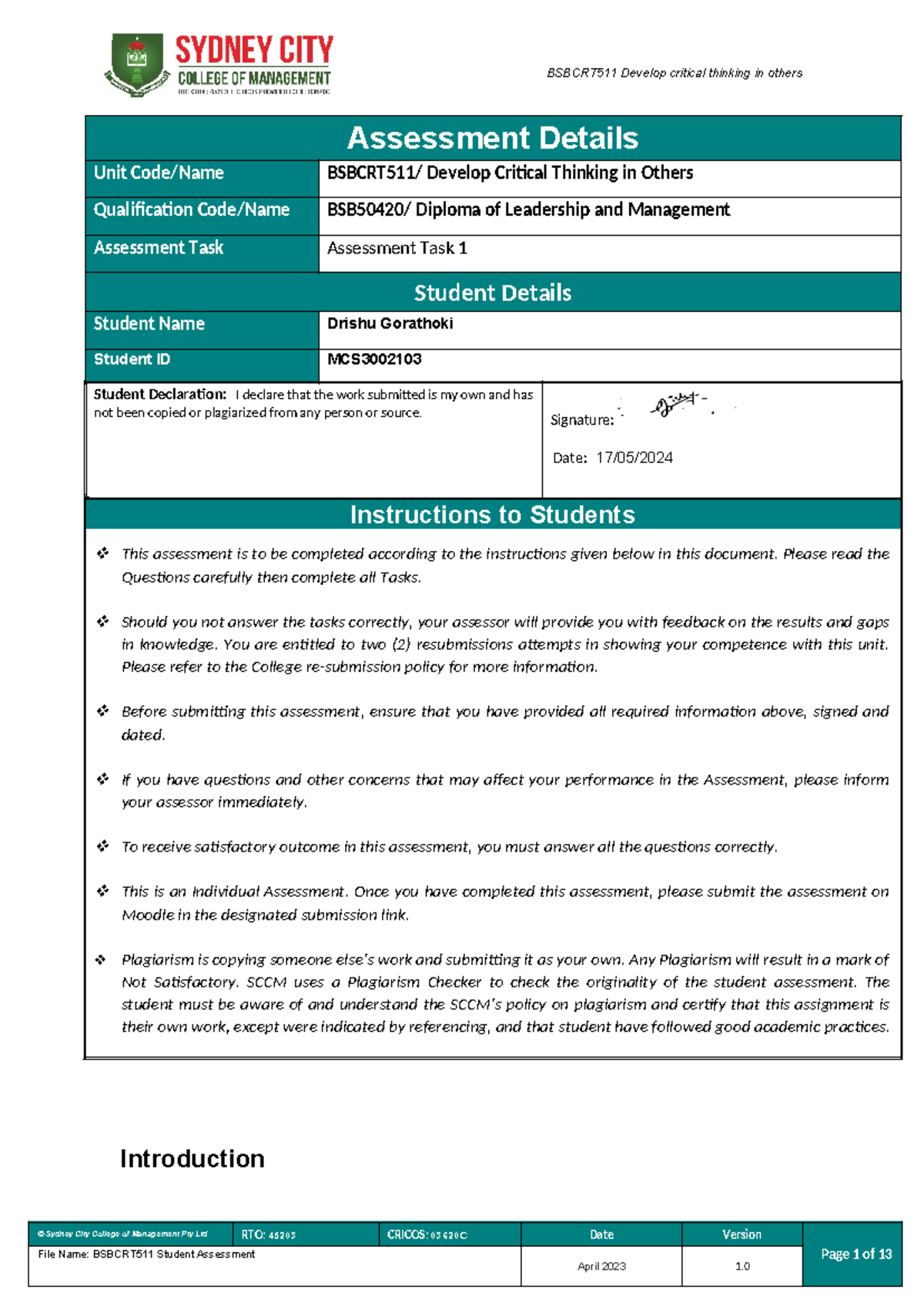 Bsbcrt 511 Student Assessment Tasks 1 - Assessment Details Unit Code ...