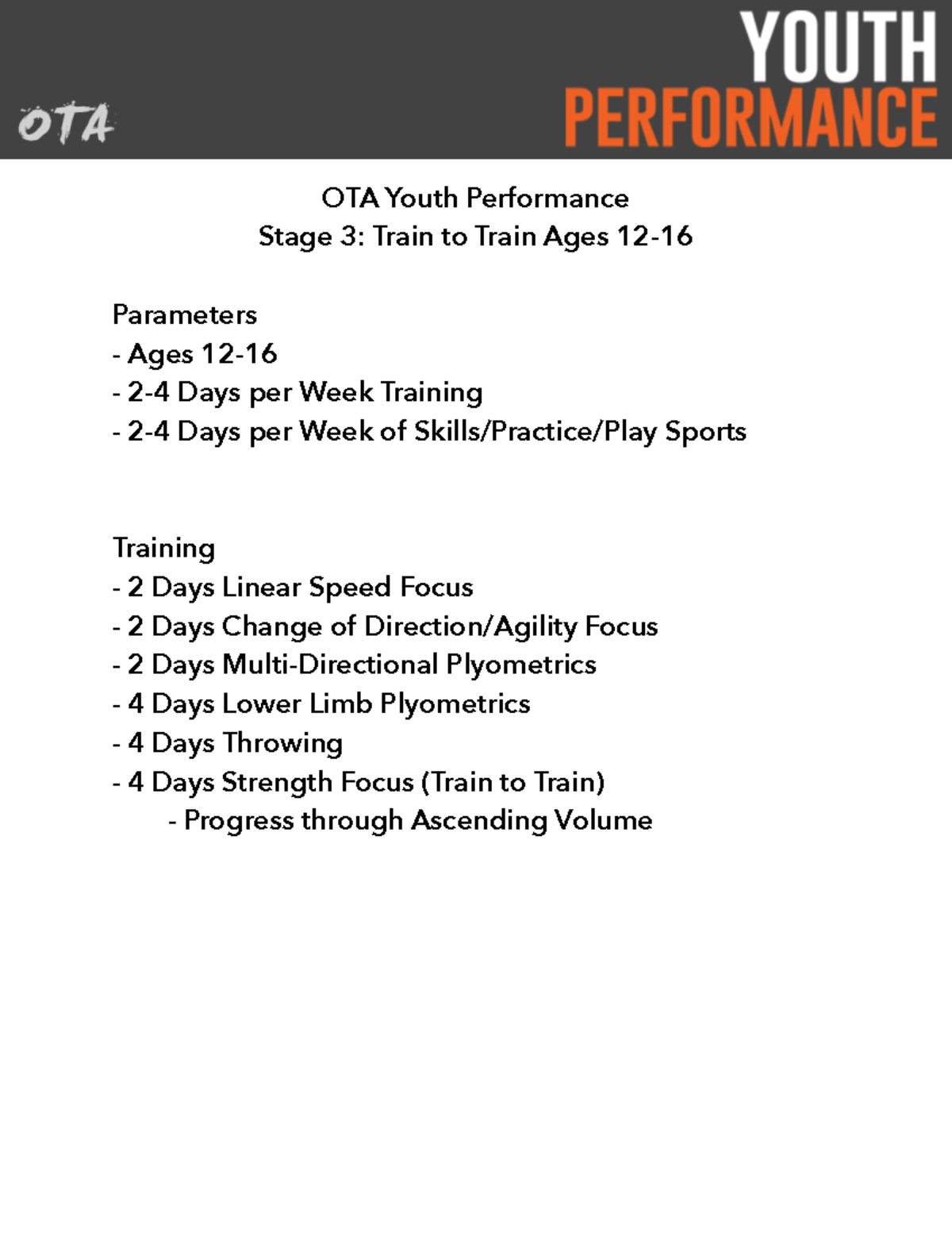 OTA Youth Performance Stage 3 Train to Train Ages 12-16 - OTA Youth ...