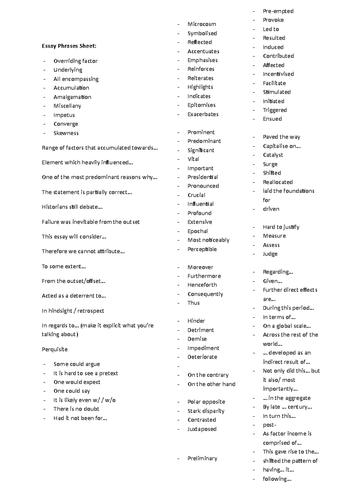 Uni Essay Phrases Sheet - Essay Phrases Sheet: Overriding factor ...