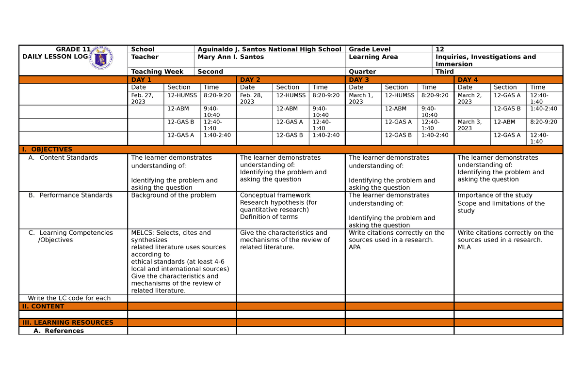 I3-3rd WEEK DLL - lesson plan - GRADE 11 DAILY LESSON LOG School ...