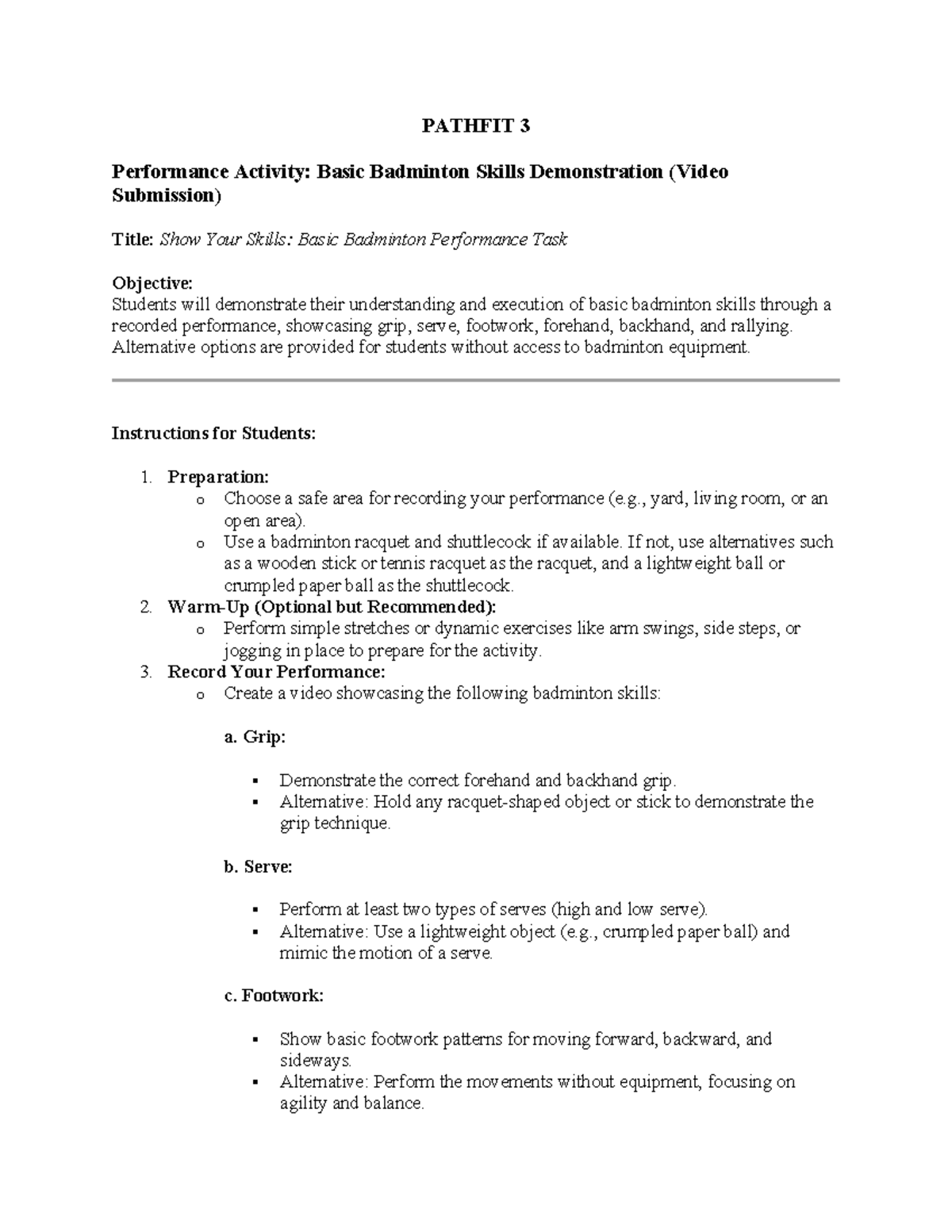 Pathfit 3 Performance Task Pre Final Pathfit 3 Performance Activity