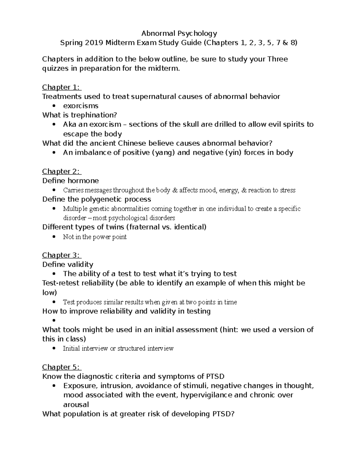 Midterm Study Guide - Abnormal Psychology Spring 2019 Midterm Exam ...