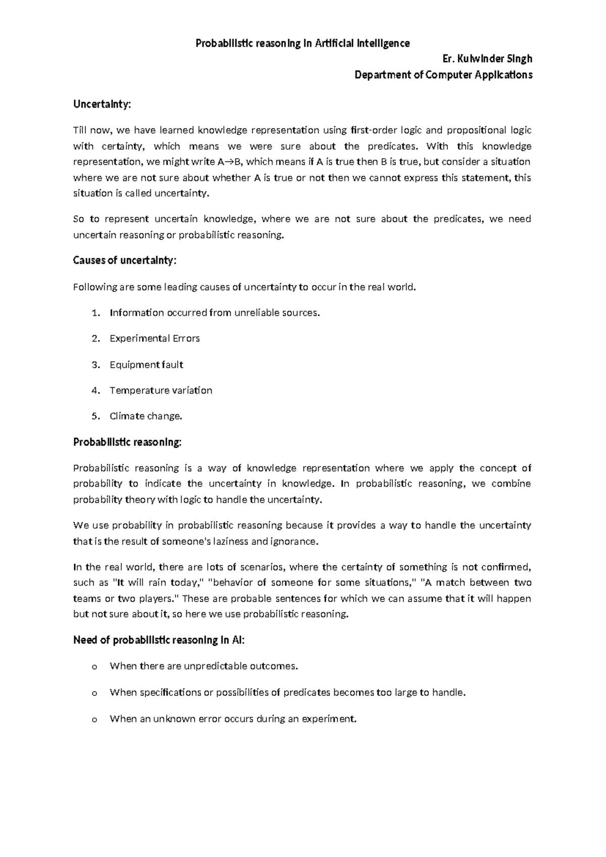 Unit 2 Uncertain Knowledge and reasoning - Er. Kulwinder Singh ...