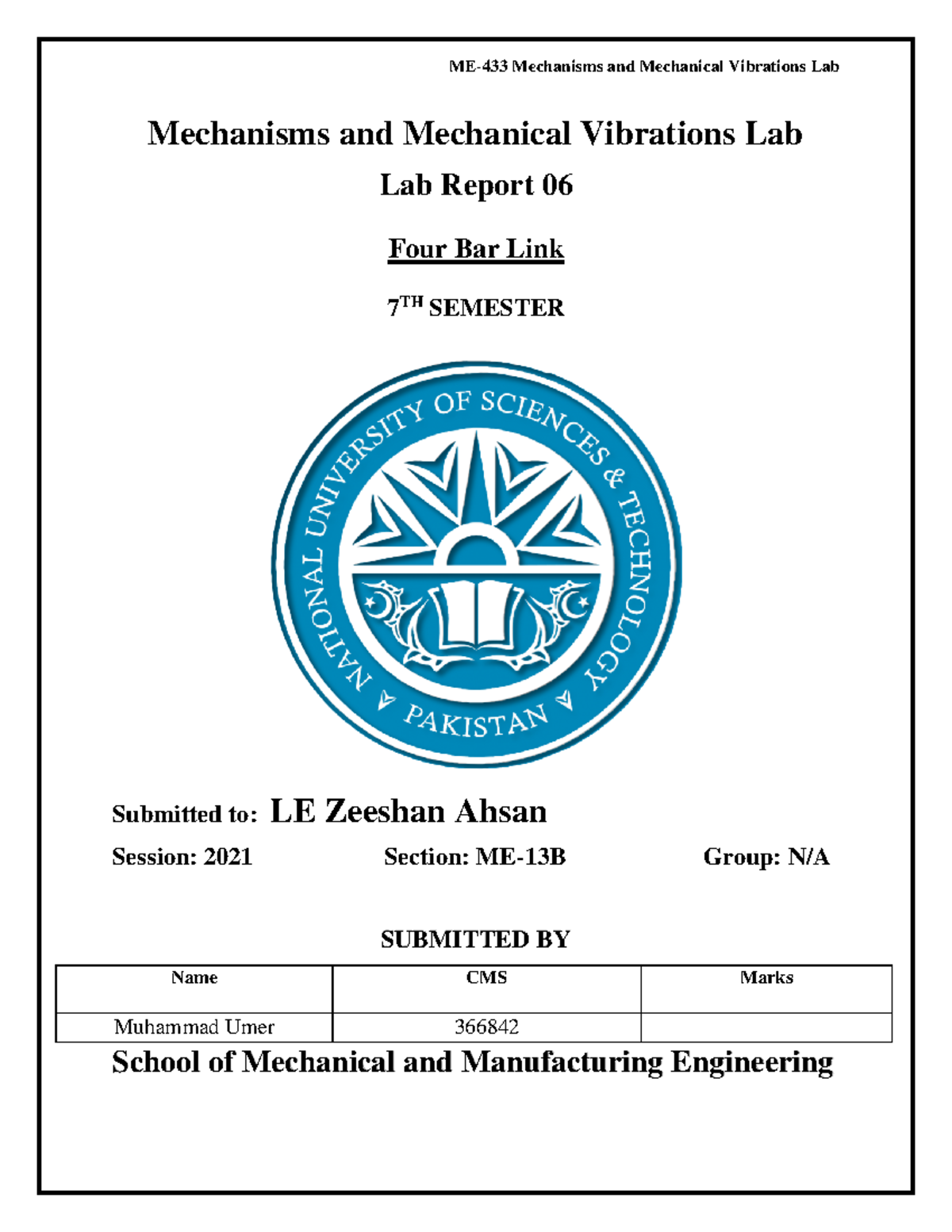 Lab6 Muhammad Umer 366842 ME13B - Mechanisms and Mechanical Vibrations ...
