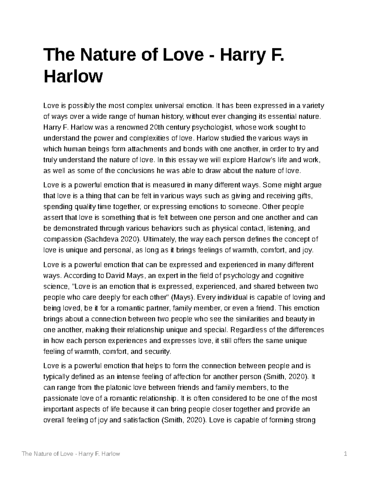 The Nature of Love Harry F Harlow 1 The Nature of Love Harry F