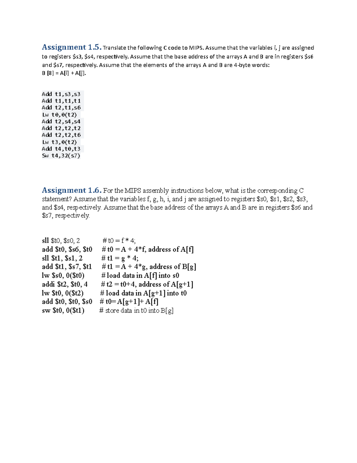 C And MIPS Assembly Laguage - Assignment 1. Translate The Following C ...