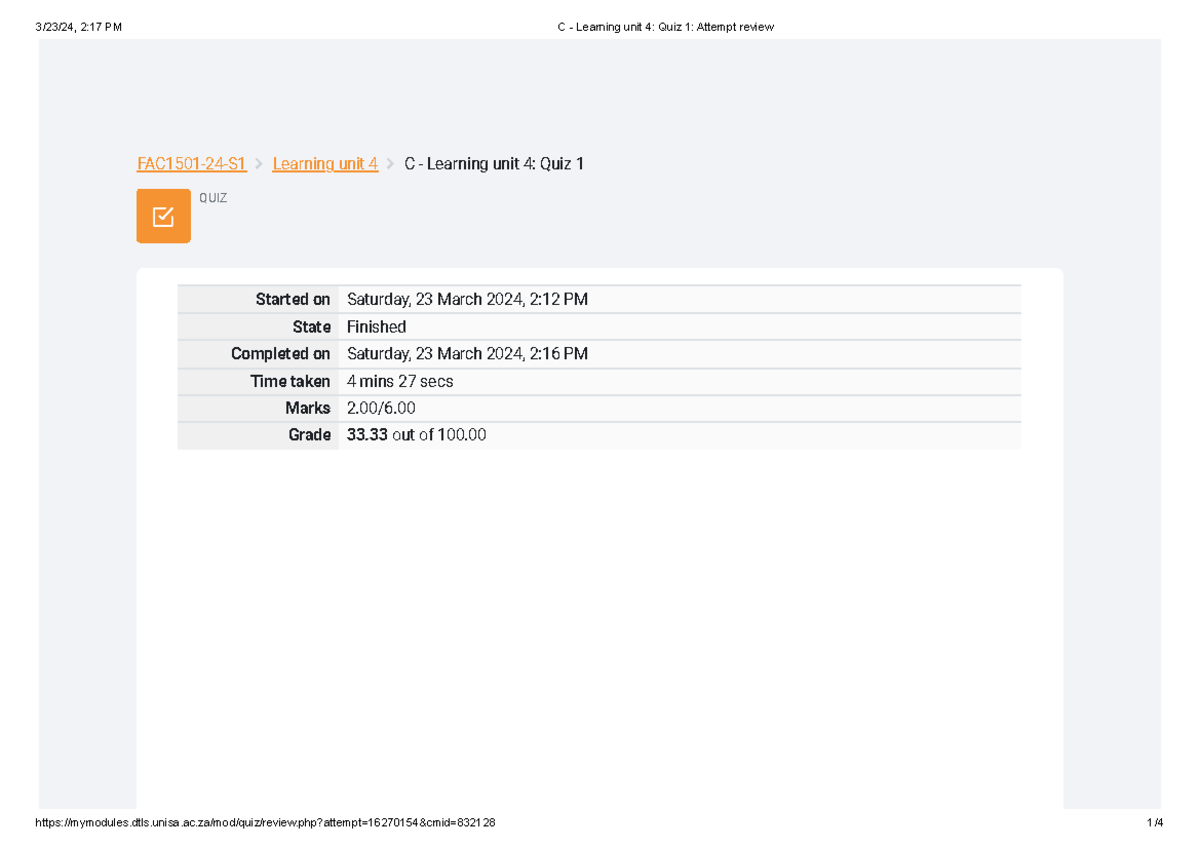 C - Learning Unit 4 Quiz 1 Attempt Review Fac 1501b - FAC1501-24-S1 ...