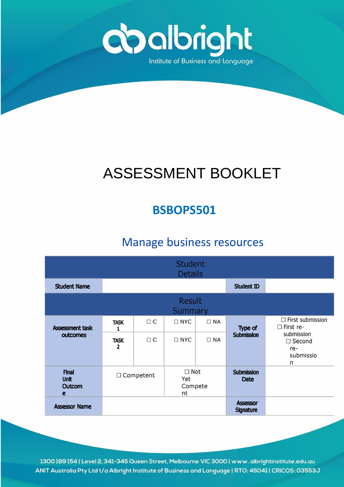 Bsbops 501-Assessment-V1 - ASSESSMENT BOOKLET BSBOPS Manage Business ...