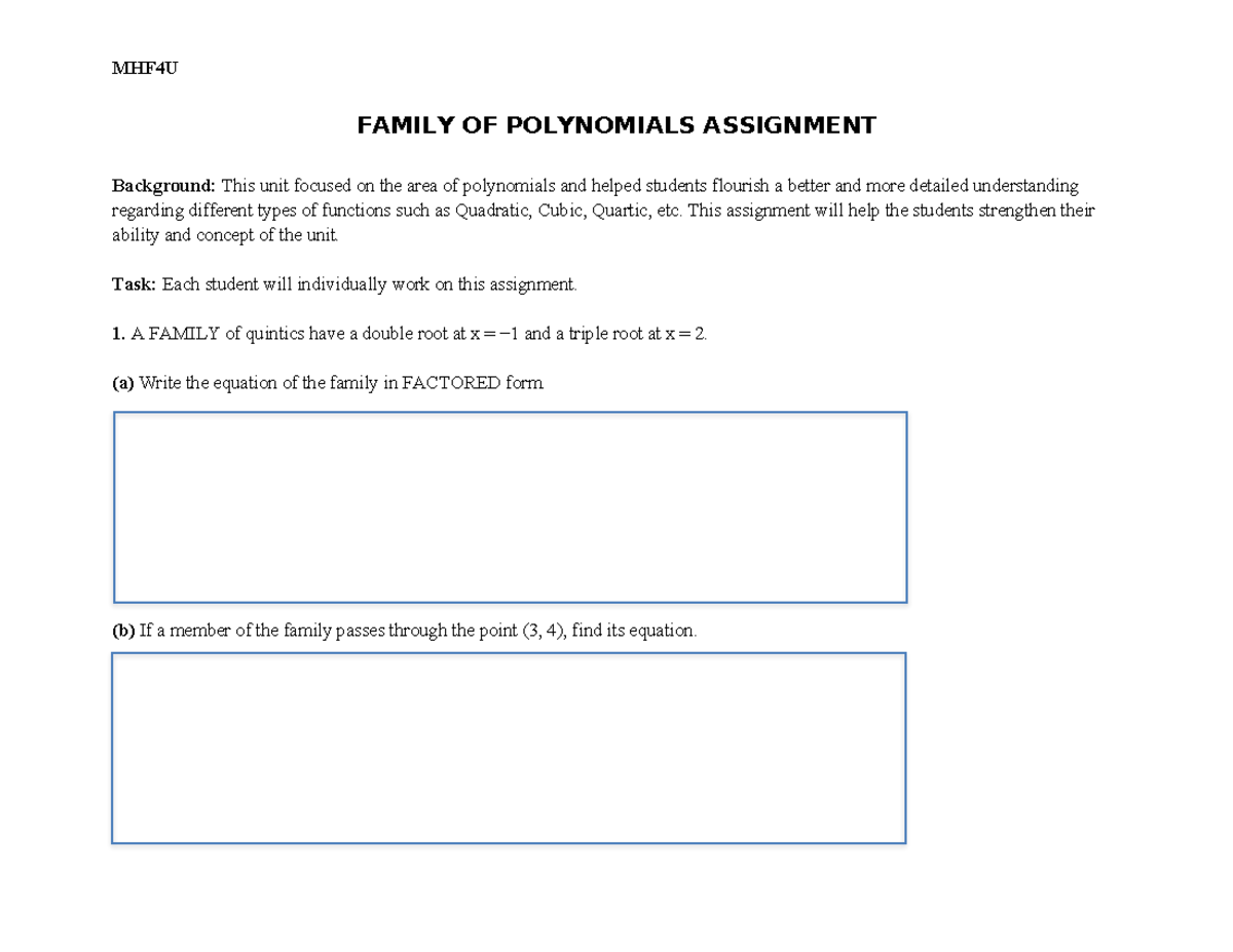 Unit 2 Assignment - Introduction to Polynomials - FAMILY OF POLYNOMIALS ...