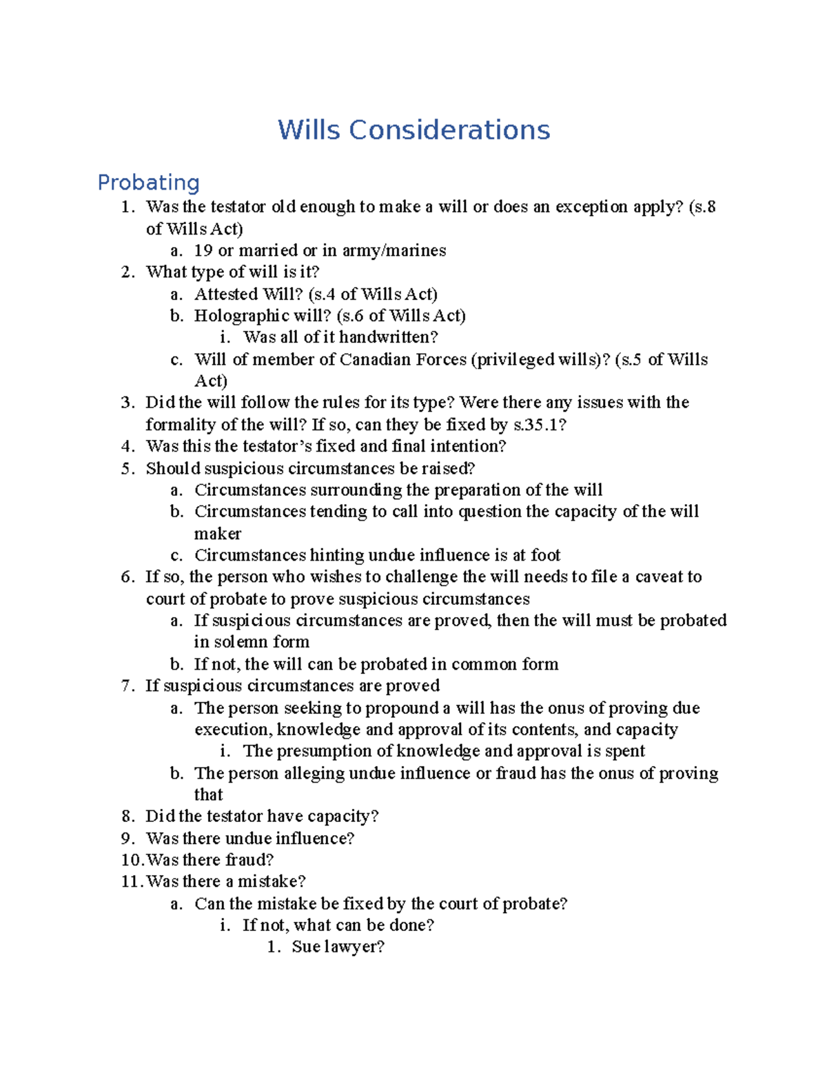 Wills Guides For Fact Patterns - Wills Considerations Probating Was The ...