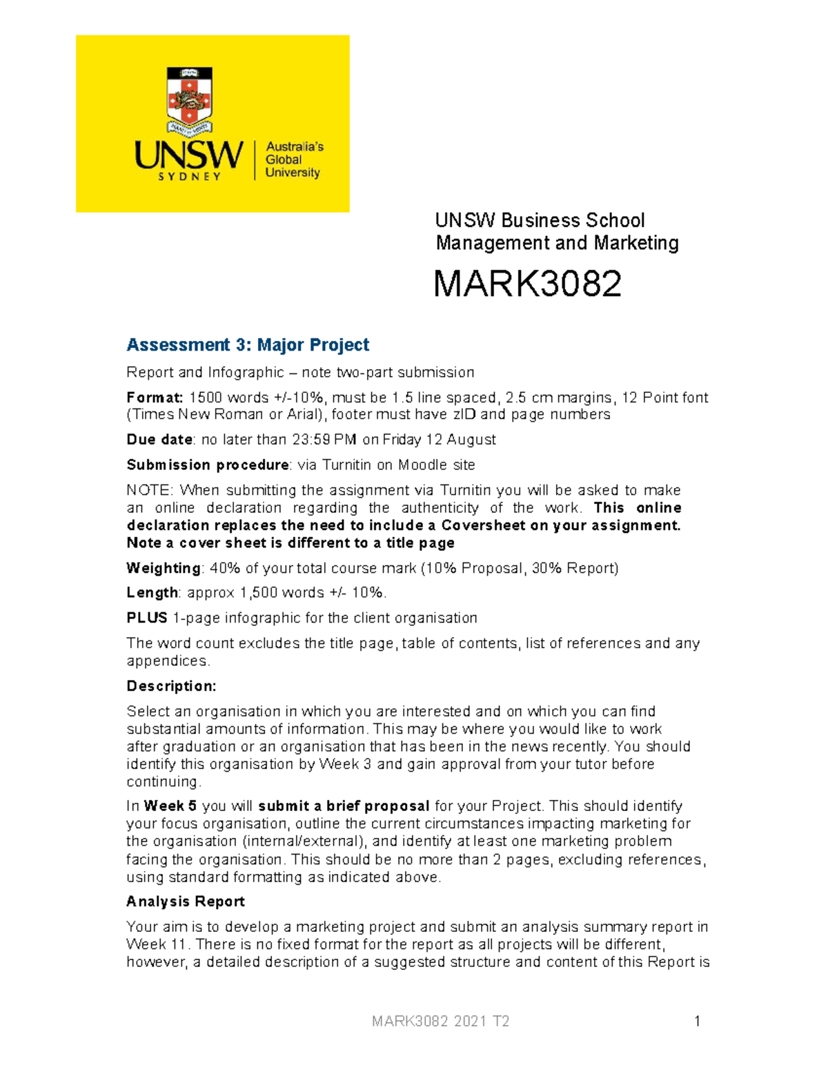 MARK3082 Major Project guidelines - UNSW Business School Management and ...