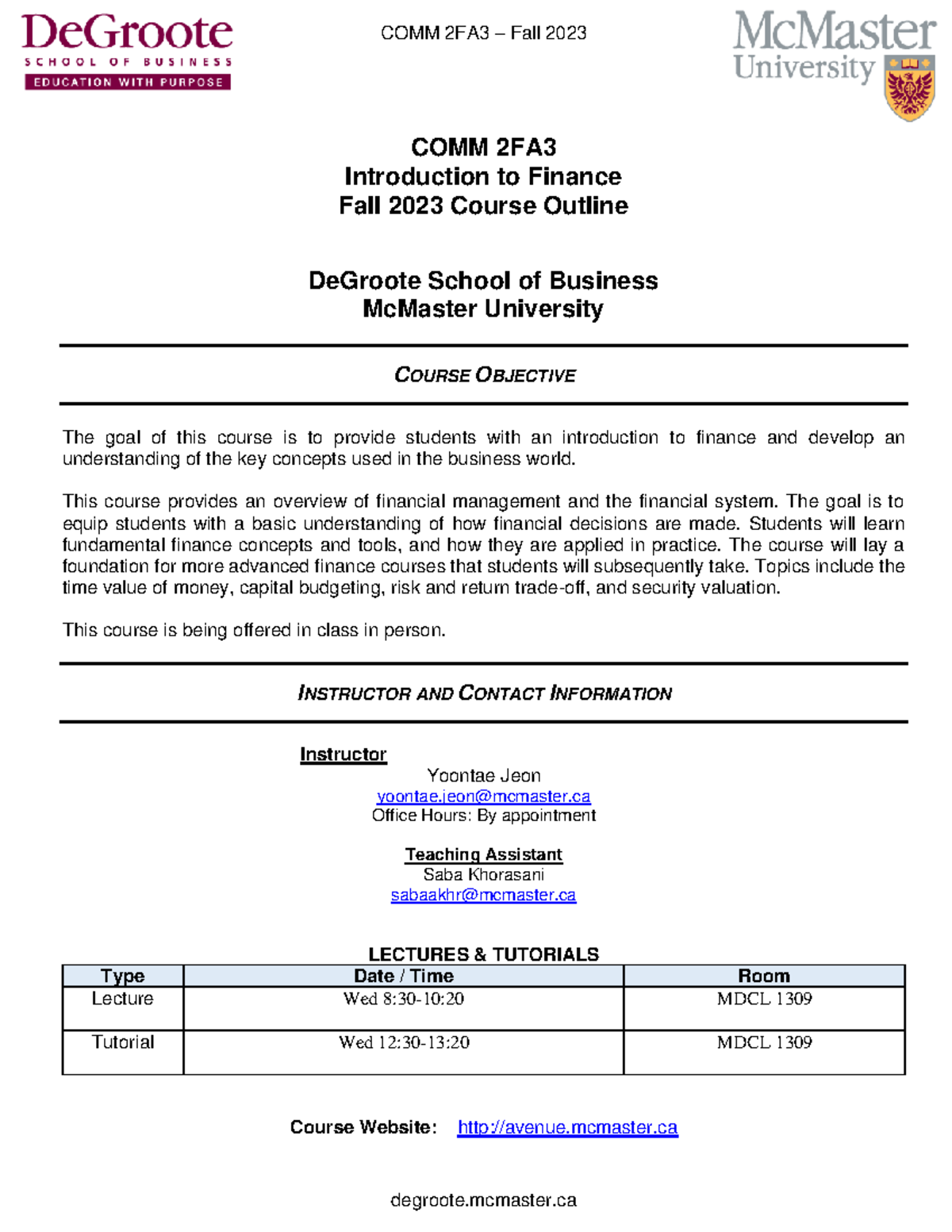 Course Outline COMM 2FA3 Fall2023 - Section C04 - COMM 2FA Introduction ...
