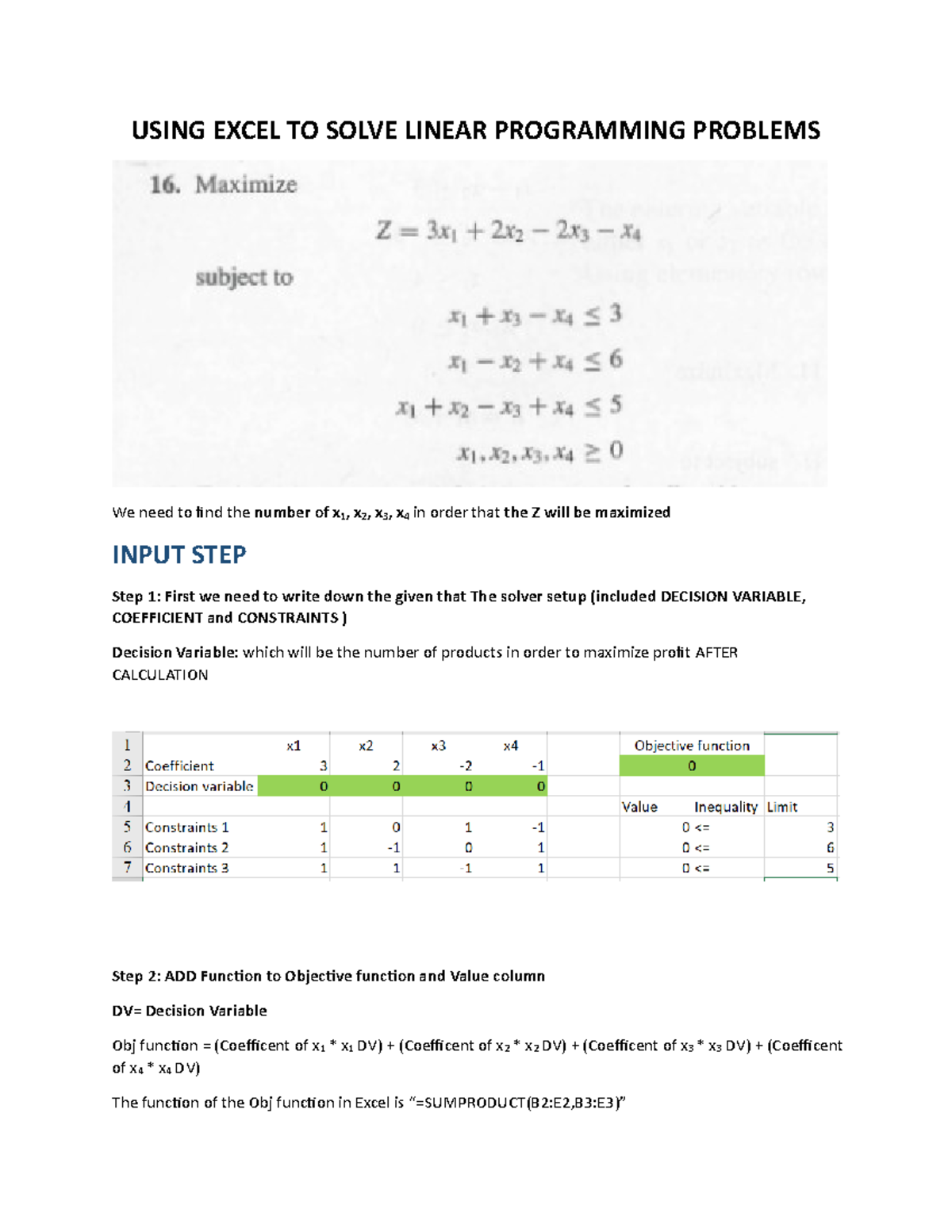 Gia-Huy MBproject 2 question 16-1 - USING EXCEL TO SOLVE LINEAR ...