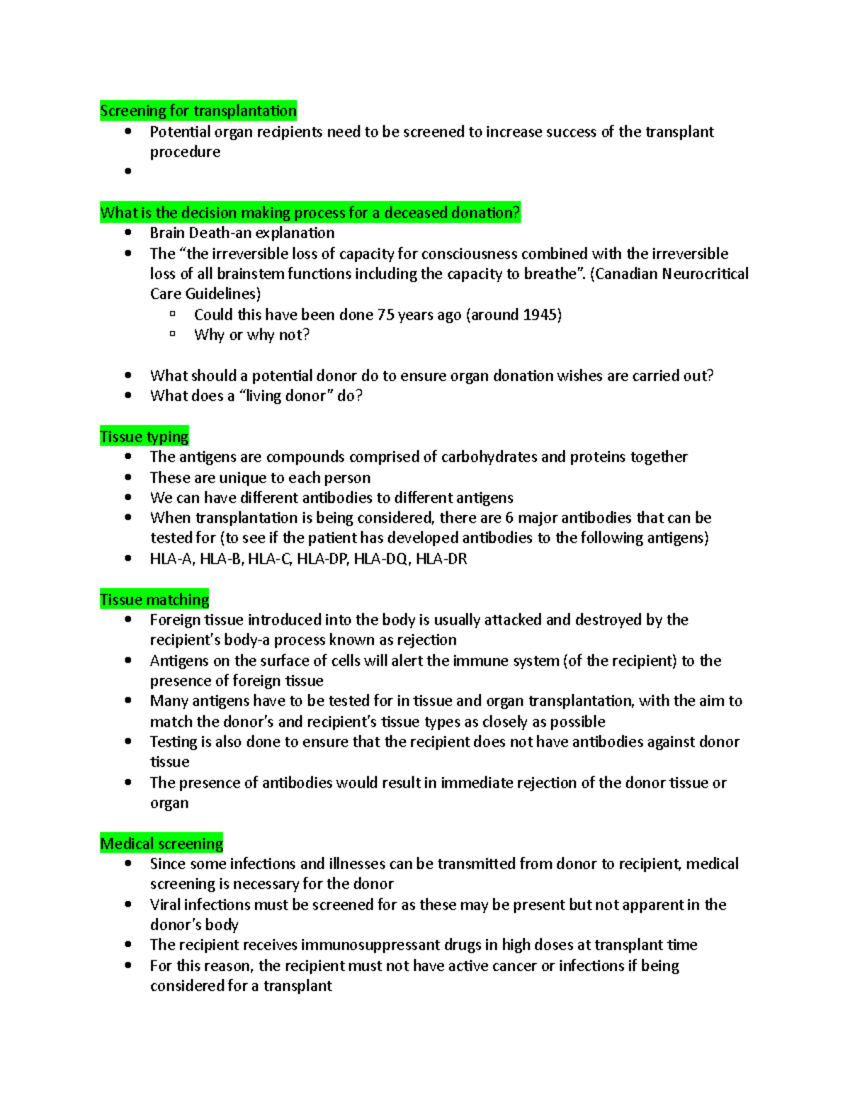 Quiz 4 EXCI 233 (part 5) Screening for transplantation Potential