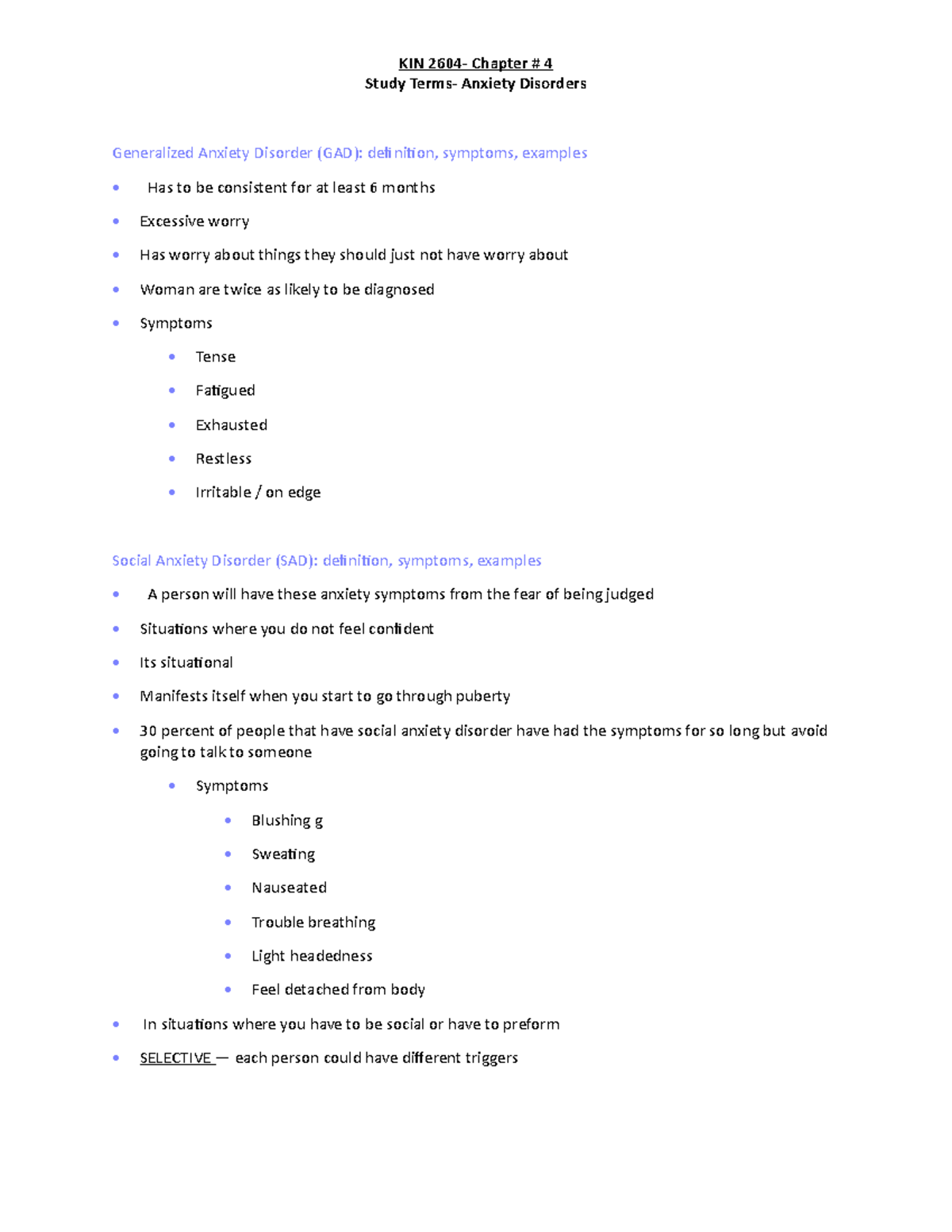 KIN 2604- Chapter # 4- Study Terms Anxiety Disorders - Study Terms ...