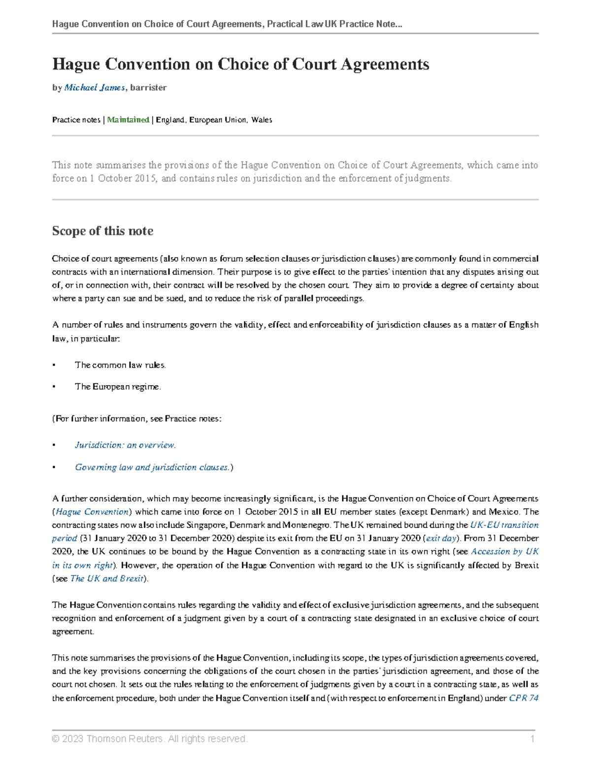 Hague Convention on Choice of Court Agreements Scope of this note Choice of court agreements