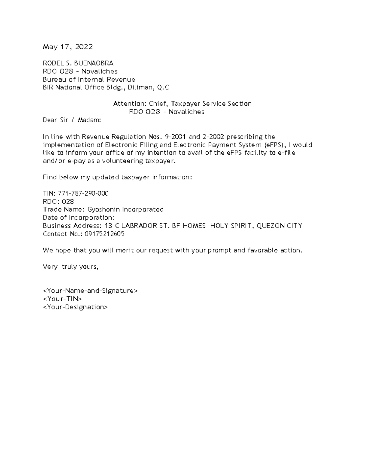 Letter of intent for EFPS - May 17, 2022 RODEL S. BUENAOBRA RDO 028 ...