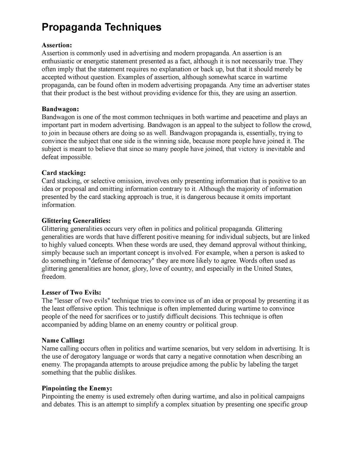 Propaganda Analysis Worksheet - Propaganda Techniques Assertion ...