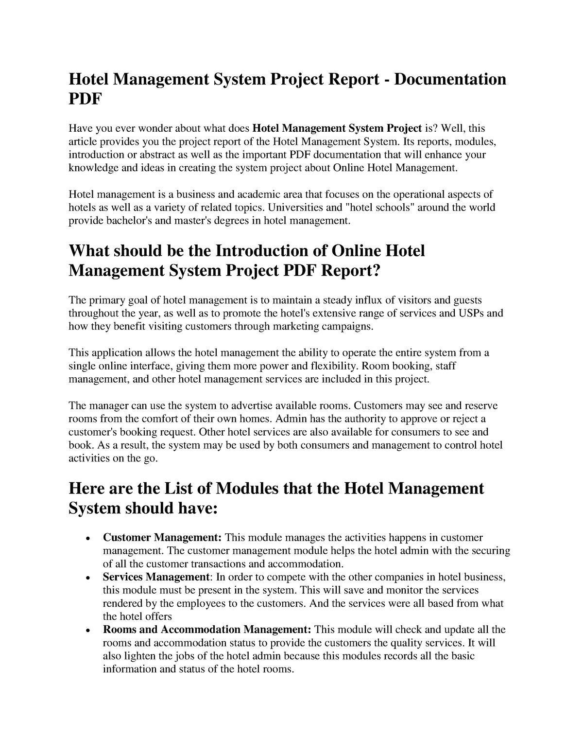 Hotel Management System Project Report Its Reports Modules 