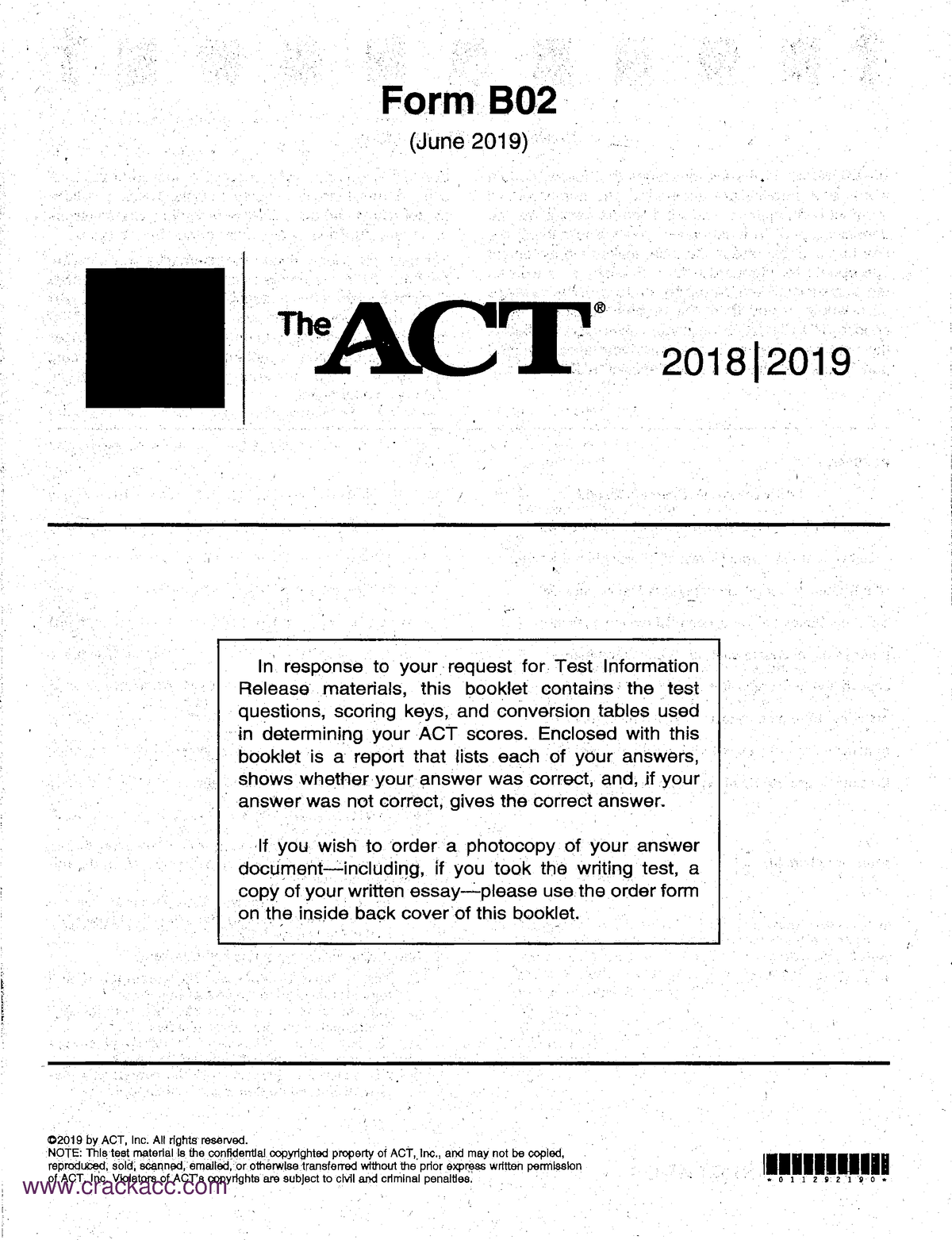 ACT 2019 06 Form B02 ACT test B02 Form 802 (June 2019) 2018( In