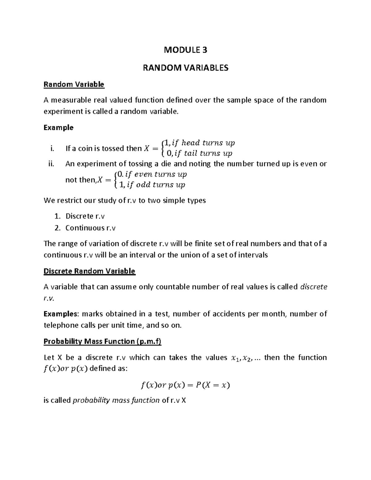 Sem 2 Stat Notes Module 3 - MODULE 3 RANDOM VARIABLES Random Variable A ...