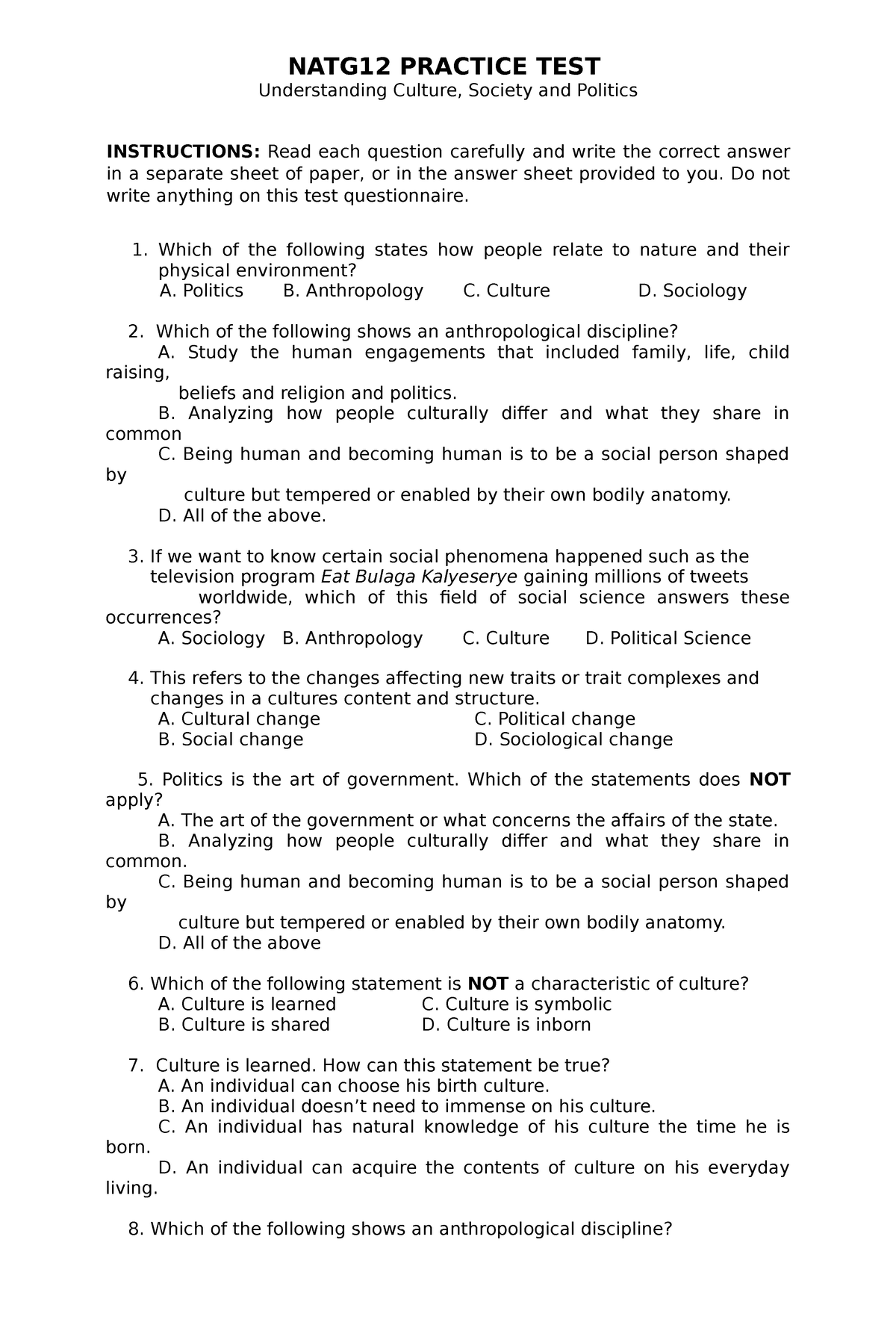 Natg12 Practice Test1 - Natg12 Practice Test Understanding Culture 