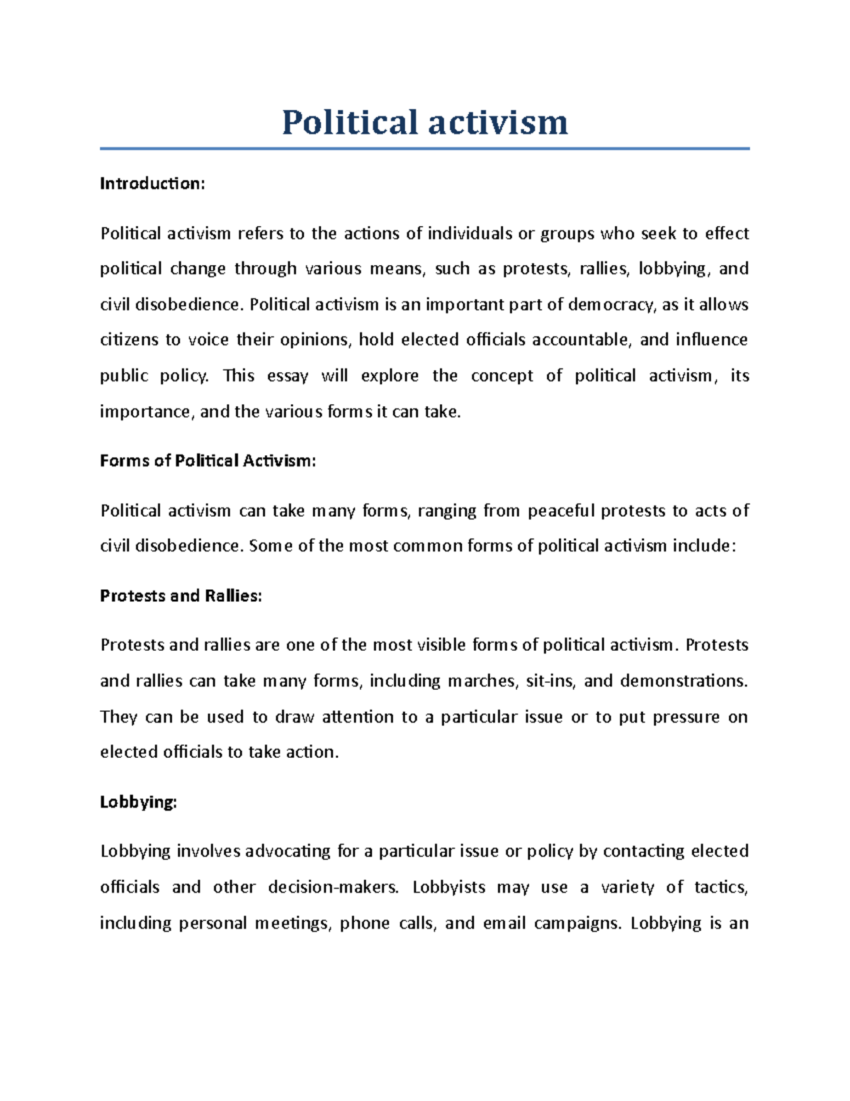 Political activism Political activism Introduction Political