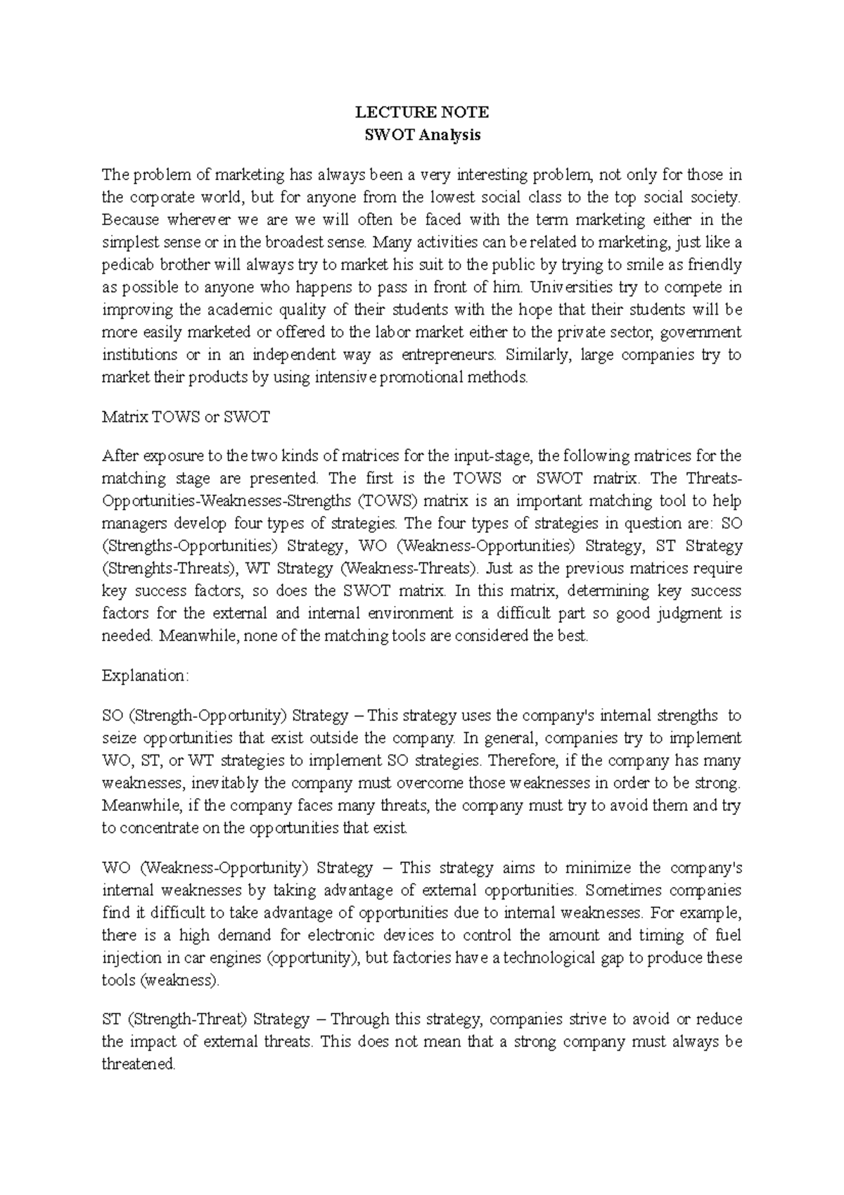 SWOT Analysis and TOWS Matrix Lecture Note - Studocu