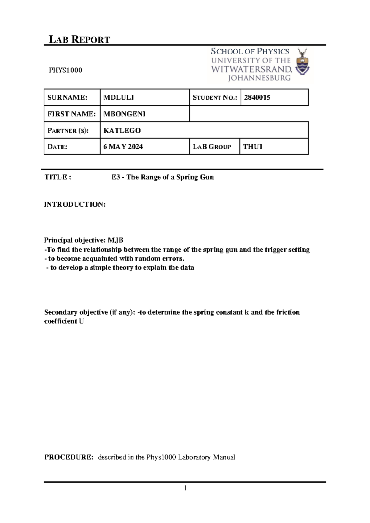 EXP03 - Spring Gun - Lab Report Template - LAB REPORT SCHOOL OF PHYSICS ...