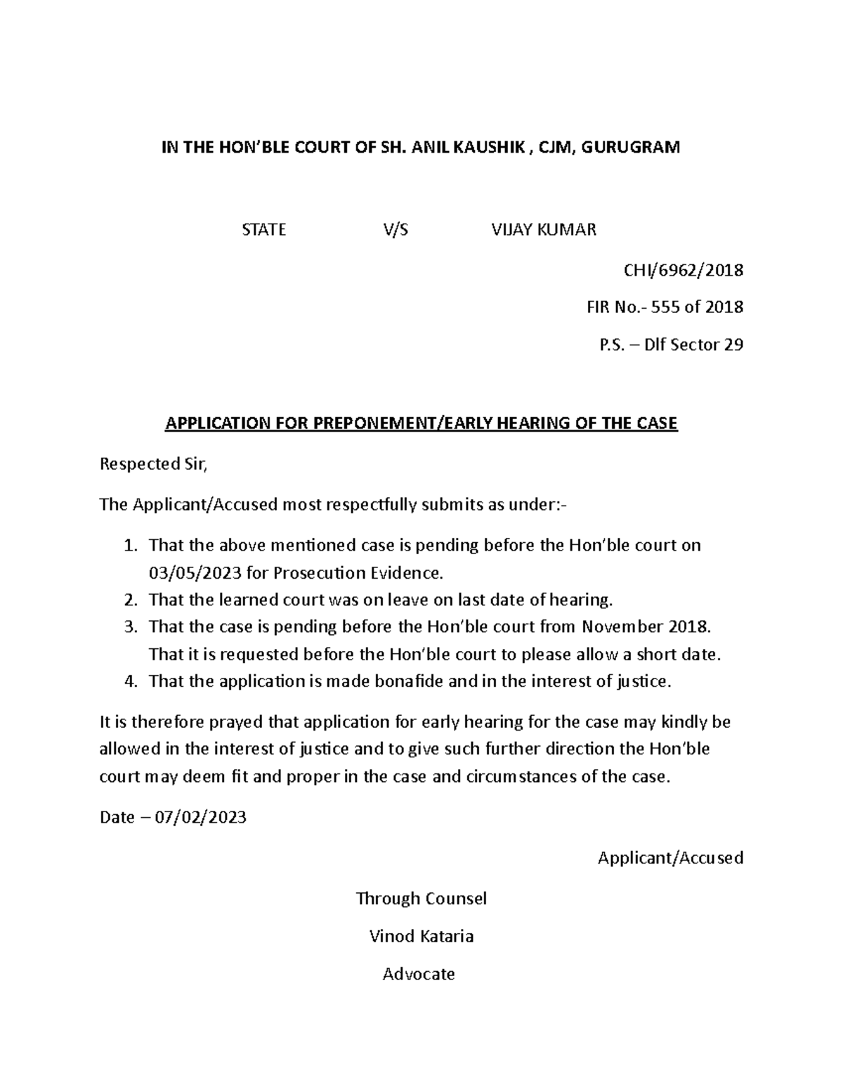 application-for-early-hearing-in-the-hon-ble-court-of-sh-anil