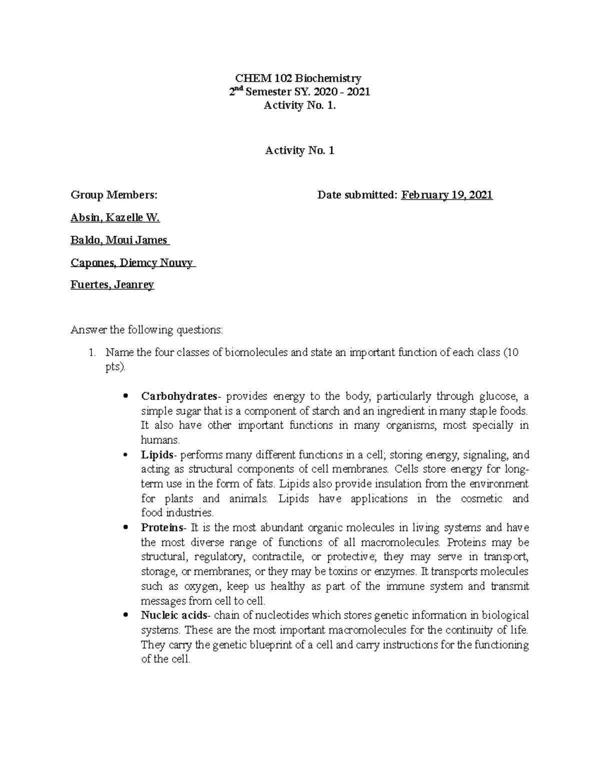CHEM 102 Activity 1 - Chemistry - CHEM 102 Biochemistry 2 nd Semester ...