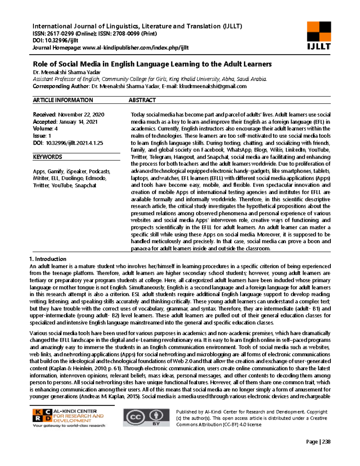 Role of Social Media in English Language Learning to the Adult Learners ...